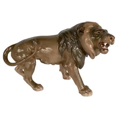 Pre-owned Bing & Grøndahl Porcelain Roaring Lion, Hand-painted, Denmark, 1949 In Brown