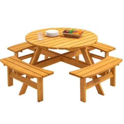 Binned 8-person Outdoor Circular Wooden Picnic Table With 3 Built-in Benches For Patio Backyard Garden, Nat In Brown