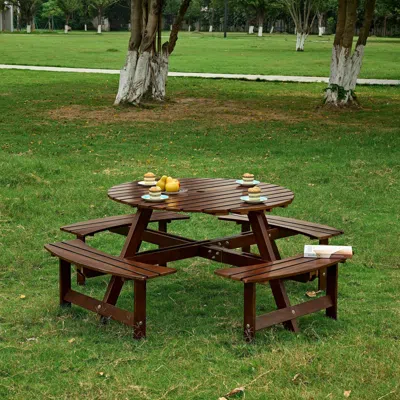 Binned Outdoor 6 Person Picnic Table, 6 Person Round Picnic Table With 3 Built-in Benches, Umbrella Hole, O In Brown