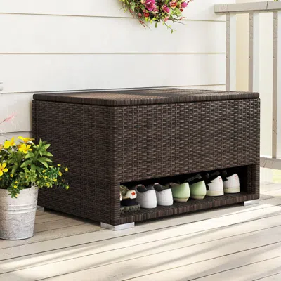 Binned Pe Rattan Storage Bin With Waterproof Liner For Patio Cushions In Brown