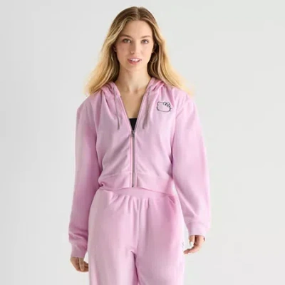Bio Hello Kitty Velour Full Zip Womens Juniors Long Sleeve Hello Kitty Hoodie In Pink