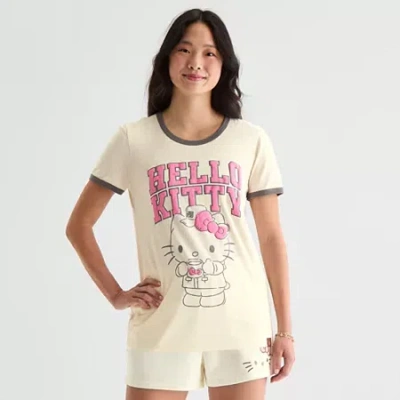 Bio Womens Juniors Crew Neck Short Sleeve Regular Fit Hello Kitty Graphic T-shirt In Sand
