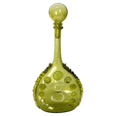 Pre-owned Biot 22"  Olive Green Hand-blown Bubble Glass Decanter With Stopper, France