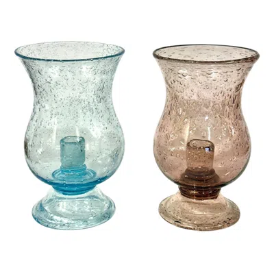 Pre-owned Biot Pair Of French  Bubble Glass Hurricane Candle Holders In Gray