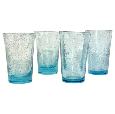 Pre-owned Biot Set Of Four Hand-blown Blue Bubble Glass Tumblers, 20th Century