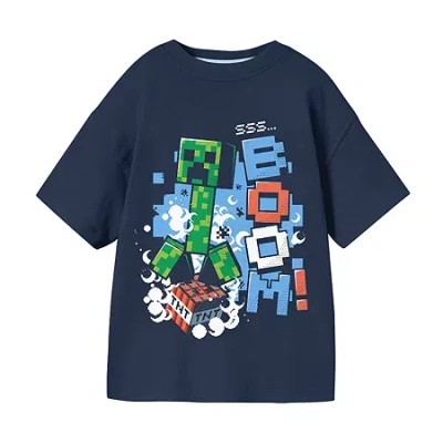 Bioworld Little & Big Kid Boys Crew Neck Short Sleeve Oversized Minecraft Graphic T-shirt In Blue