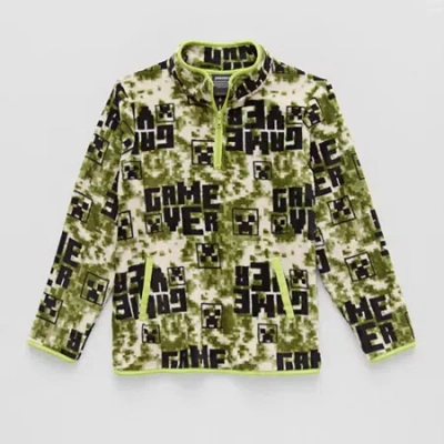 Bioworld Sherpa Little & Big Kid Boys Mock Neck Long Sleeve Fleece Minecraft Casual Quarter-zip Pullover In Green