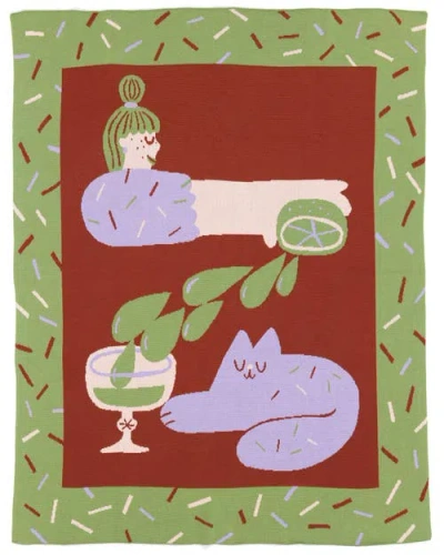 Biquette Cocktail Cat Knit Throw Blanket In Green