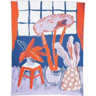 Biquette House Plants Knit Throw Blanket In Blue