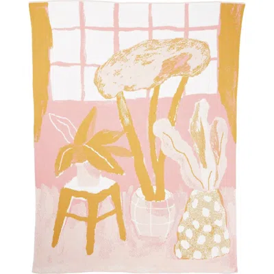 Biquette House Plants Knit Throw Blanket In Gold