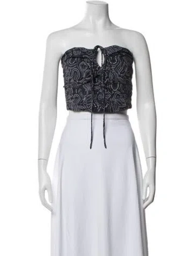 Pre-owned Bird & Knoll Paisley Print Tie Neck Crop Top In White
