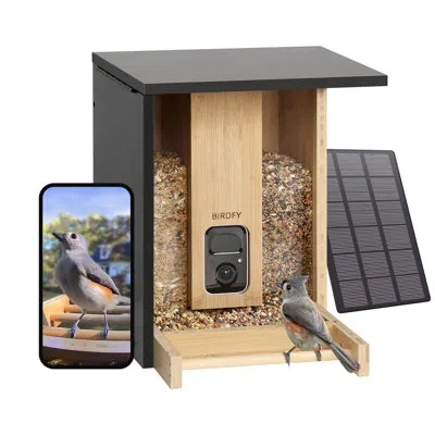 Birdfy Smart Bird Feeder Camera Solar Powered, Auto Capture Birds & Notify In Time, Bamboo Wood Bird Feeder In Black