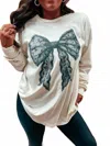 Birdie Coquette Lace Bow Long Sleeve Graphic Tee In Ivory In Multi