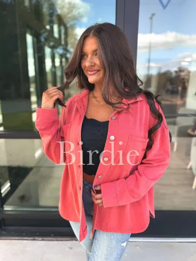 Birdie French Terry Shacket In Coral Red In Pink