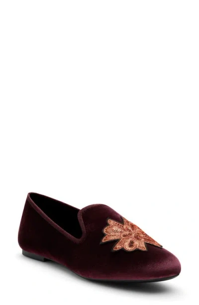 Birdies Starling Velvet Flat In Bordeaux Velvet Embroidery