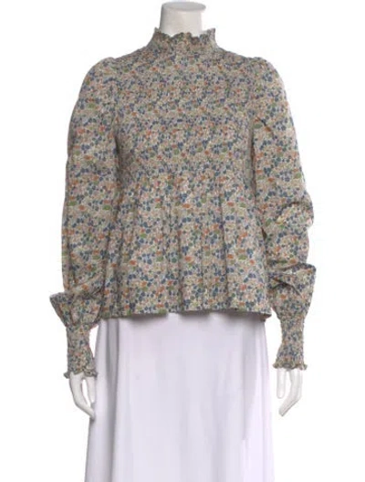 Pre-owned Birgitte Herskind Floral Print Mock Neck Blouse In Blue