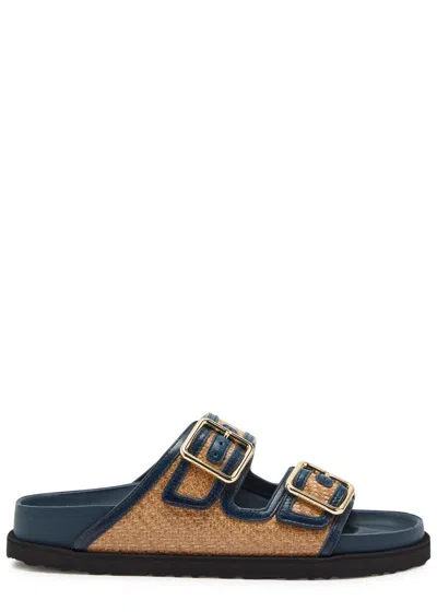 Birkenstock 1774 Arizona Framed Raffia And Leather Sliders In Navy