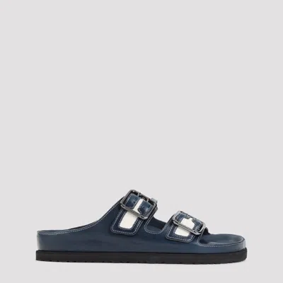 Birkenstock 1774 Arizona Canvas Leather Strap Slide Sandals In Blue