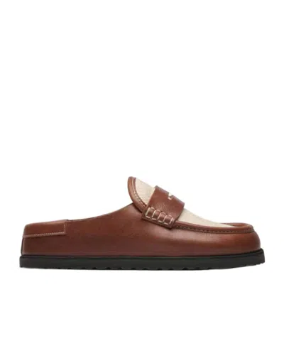 Birkenstock Naples Canvas And Leather Flat Mules In Brown