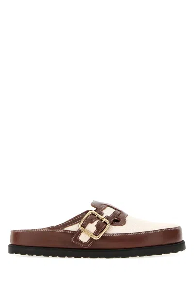 Birkenstock 1774 Two-tone Leather And Canvas Boston Slippers In Brown