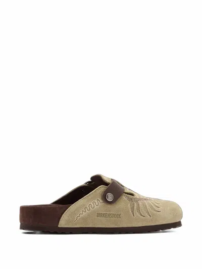 Birkenstock 1774 X Etro Boston Embroidered Suede Mules In Green