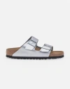 Birkenstock Womens Silver Arizona Two-strap Metallic Faux-leather Sandals