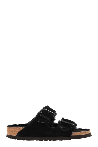 Birkenstock Arizona - Suede Lamb Fur Slipper In Black