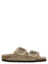 Birkenstock Arizona Suede Shearling Dual-buckle Slide Sandals In Turtledove