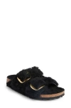 Birkenstock Arizona Shearling Slides With Large Buckle In Black