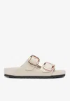 Birkenstock Arizona Lacquer Leather Slides In Sand