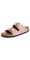 Birkenstock Contoured Pink Leather Sandals With Elegant Buckles In Old Rose