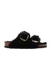Birkenstock Arizona Shearling Slides With Large Buckle In Black