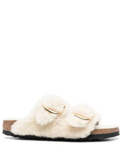 Birkenstock Arizona Big Buckle Shearling Teddy Eggshell Shoes In White