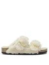 Birkenstock Teddy Fur Arizona Slippers With Gold Buckles In White