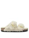 Birkenstock Teddy Fur Arizona Slippers With Gold Buckles In White