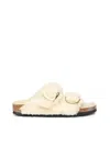 Birkenstock Teddy Fur Arizona Slippers With Gold Buckles In White