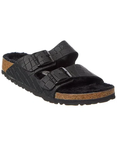 BIRKENSTOCK ARIZONA BS NARROW CROC-EMBOSSED LEATHER & SHEARLING SANDAL