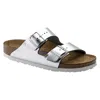 Birkenstock Arizona Double-buckle Metallic Slides In Silver