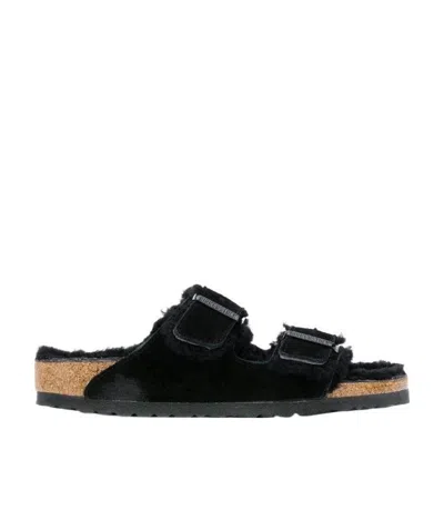Birkenstock Arizona Shearling Slides With Large Buckle In Black