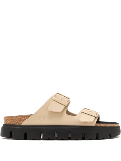 Birkenstock Anatomically Shaped Slip-on Sandals With Lacquered Straps In Neutral