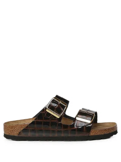 Birkenstock Arizona Crocodile-print Embossed Natural Leather Sandals In Brown