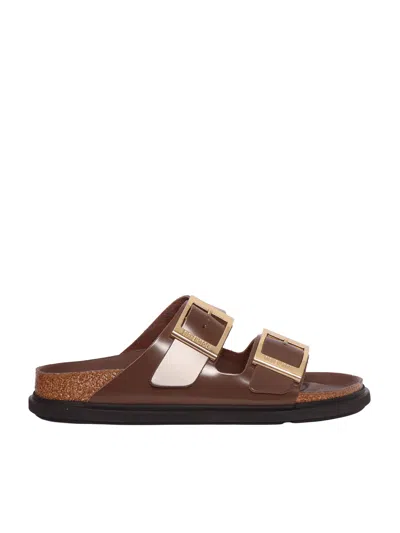 Birkenstock Carafe Arizona Natural Leather Slide Sandal In Brown