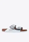 Birkenstock Arizona Soft Footbed Natural Leather Slide In Metallic Silver