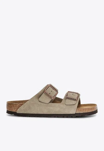 Birkenstock Arizona Double Buckle Suede Slides In Taupe