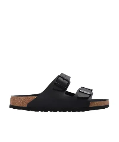 Birkenstock Black Leather Arizona Slippers In Gray