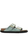 Birkenstock Contoured Leather Sandals With Adjustable Metallic Buckles In Green