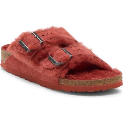 Birkenstock Arizona Genuine Shearling Slide Sandal In Red