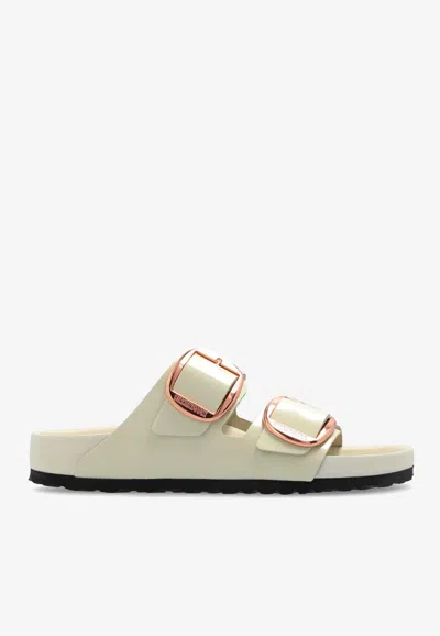Birkenstock Arizona Lacquer Leather Slides In Sand