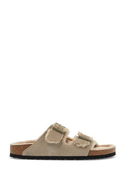 Birkenstock Arizona Leather And Fur Slides In Taupe