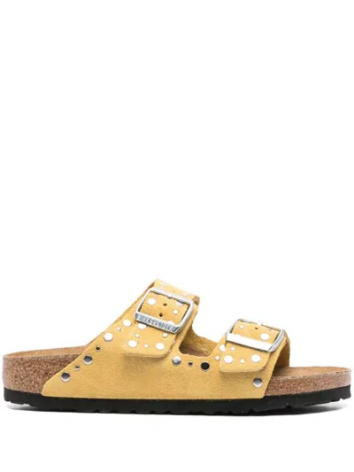BIRKENSTOCK 'ARIZONA' LEATHER SLIPPERS IN MUSTARD YELLOW